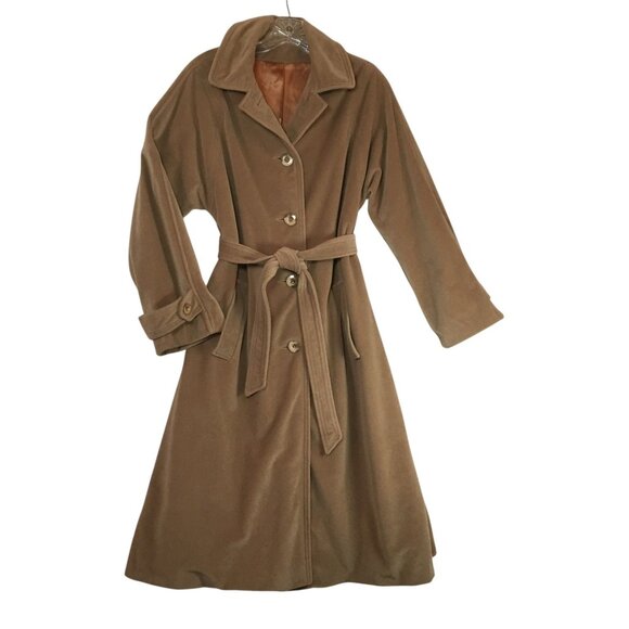 Vintage Cashmere Coat Tan Midi Length Womens L Belted & Lined - Picture 1 of 14